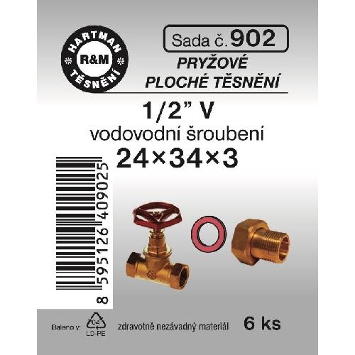 Sada těsnění do šroubení, 1/2“ V, 24 x 34 x 3, pryž, 6 ks, č. 902, HARTMAN