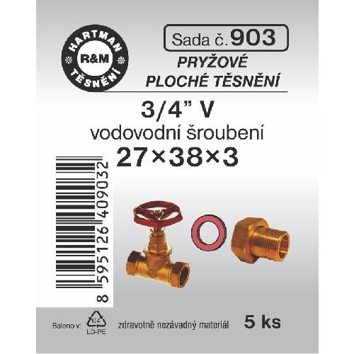 Sada těsnění do šroubení, 3/4“ V, 27 x 38 x 3, pryž, 5 ks, č. 903, HARTMAN