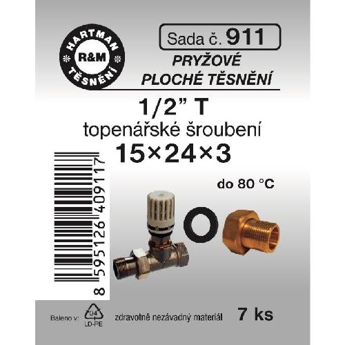 Sada těsnění do šroubení, 1/2“ T, 15 x 24 x 3, pryž, 7 ks, č. 911, HARTMAN