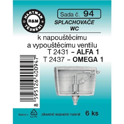 Sada těsnění k napouštěcímu a vypouštěcímu ventilu, T 2431, T 2437, 6 ks, č. 94, HARTMAN