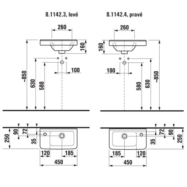 Umývátko Cubito 45x25 cm, s otvorem vpravo, bílé, na stěnu, s přepadem, JIKA, H8114240001061