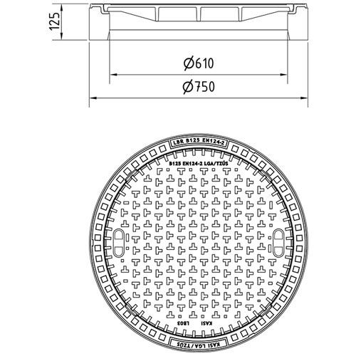 Šachtový poklop BEGU B125 bez odvětrání, litino-betonový rám, DN 600, KASI KBB03
