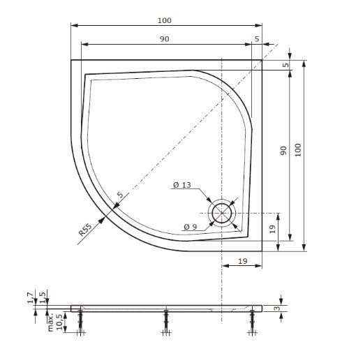 Sprchová vanička EX 1000 x 1000 mm, bílá, čtvrtkruh, Lansanit LANEX100K