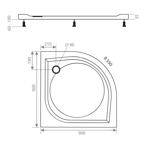 Sprchová vanička EX 900 x 900 mm, čtvrtkruh, Lansanit LANEX90K