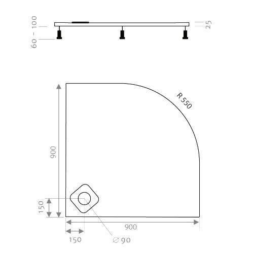 Sprchová vanička LUX 900 x 900 mm, bílá, čtvrtkruh, Lansanit LANLUX90K