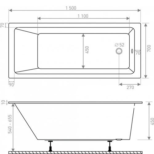 Obdélníková vana LUX 150x70 mm, bílá, včetně nožiček, Lansanit LANLUX150X70