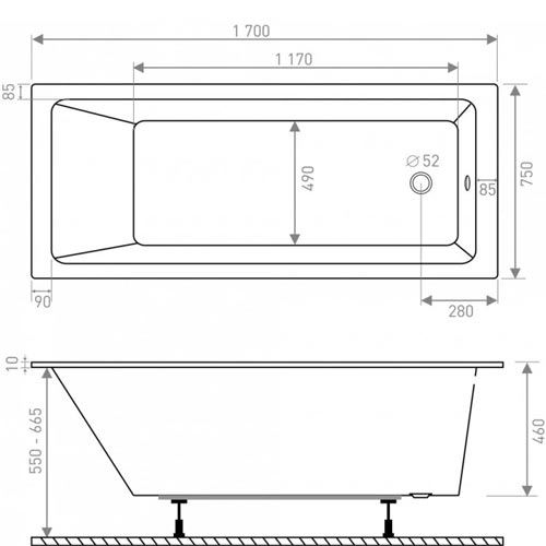 Obdélníková vana LUX 170x75 mm, bílá, včetně nožiček, Lansanit LANLUX170X75