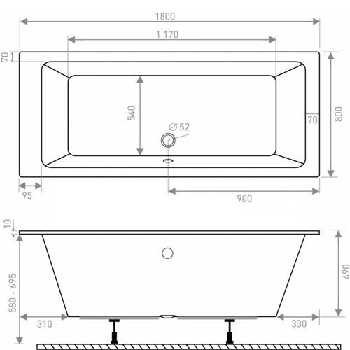 Obdélníková vana LUX 180x80 mm, bílá, včetně nožiček, Lansanit LANLUX180X80