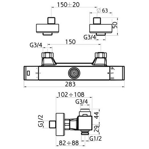 Sprchová baterie Aqualight 150 mm, chrom, nástěnná, termostatická, bez příslušenství, Novaservis 2862/1,0