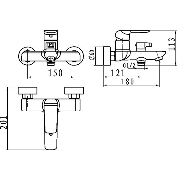 Vanová baterie Nobless Tina 150 mm, černá/mat, nástěnná, bez příslušenství, Novaservis 38020/1,5