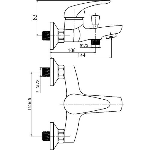 Vanová baterie Titania Hit 150 mm, chrom, nástěnná, bez příslušenství, Novaservis 95520/1,0