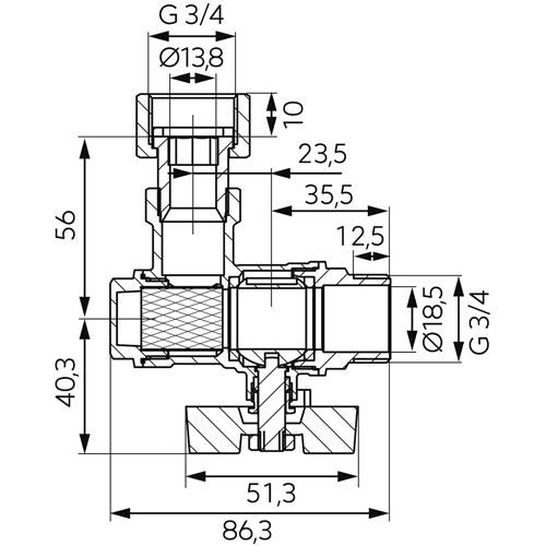 Kulový kohout MF 3/4", rohový prodloužený, motýl, voda, Novaservis KFM2SGPK