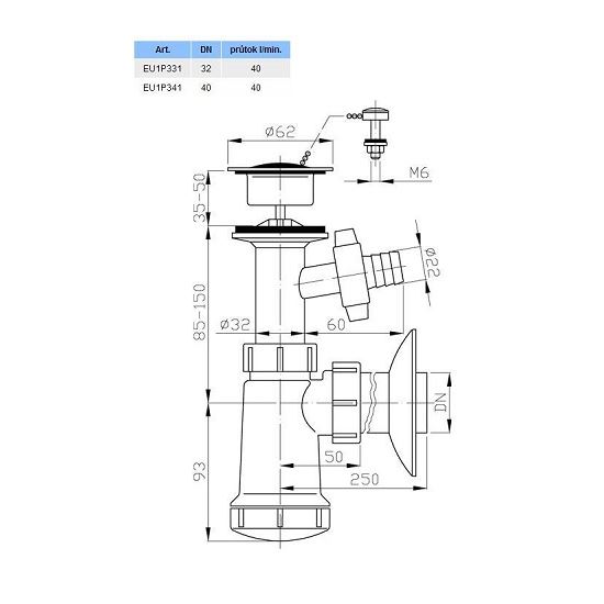 Umyvadlový sifon s výpustí 62 mm, odpad 40 mm, s přpojkou, Plast Brno EU1P341