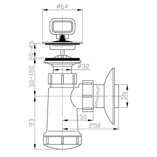Umyvadlový sifon s výpustí 64 mm, odpad 40 mm, Plast Brno EU0N341