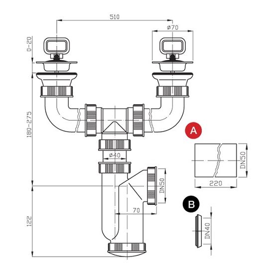 Dřezový sifon s výpustí 70 mm, odpad 40/50 mm, Plast Brno ET00450