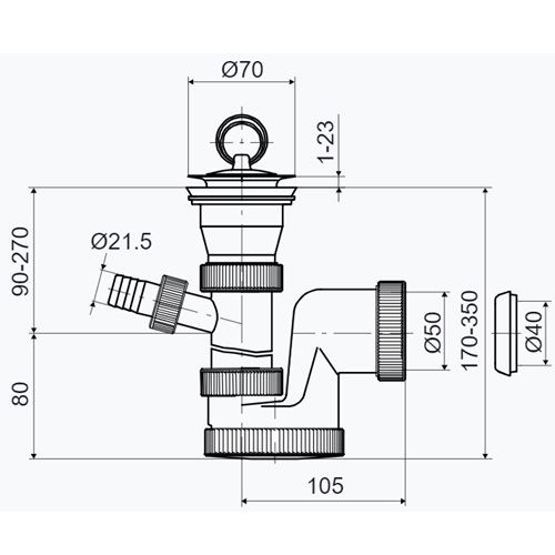 Dřezový sifon T-735 s výpustí 70 mm, odpad 40/50 mm, s přípojkou, Slovarm 621002