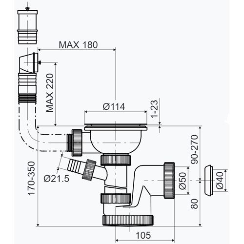 Dřezový sifon T-740PBZ s výpustí 114 mm, odpad 40/50 mm, s přípojkou, s přepadem, Slovarm 621117