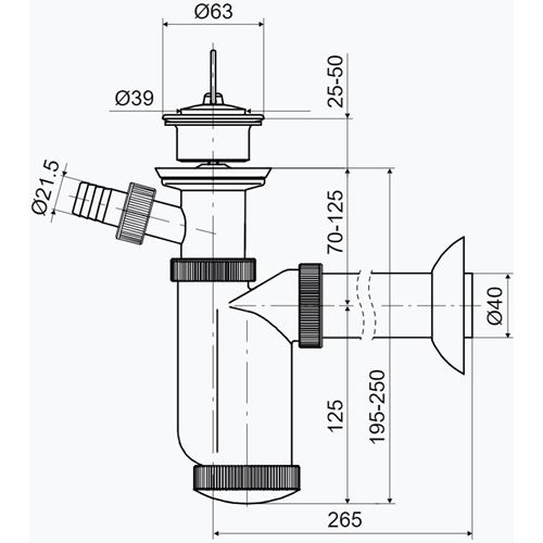 Umyvadlový sifon T-1016 s výpustí 63 mm, odpad 40 mm, s přípojkou, Slovarm 621359