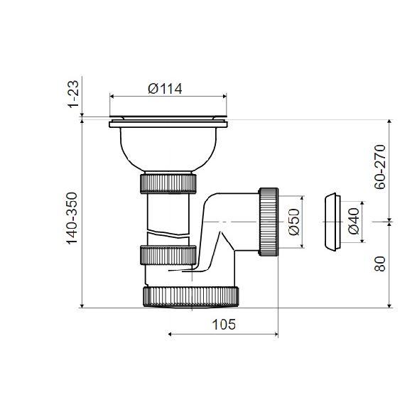 Dřezový sifon T-739 s výpustí 114 mm, odpad 40/50 mm, Slovarm 621021