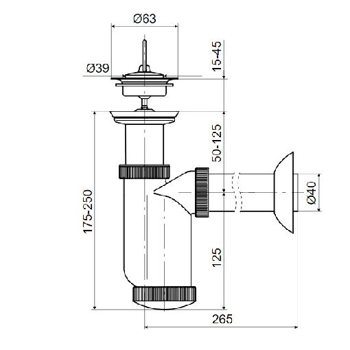 Umyvadlový sifon T-1015C s výpustí 63 mm, odpad 40 mm, Slovarm 621358