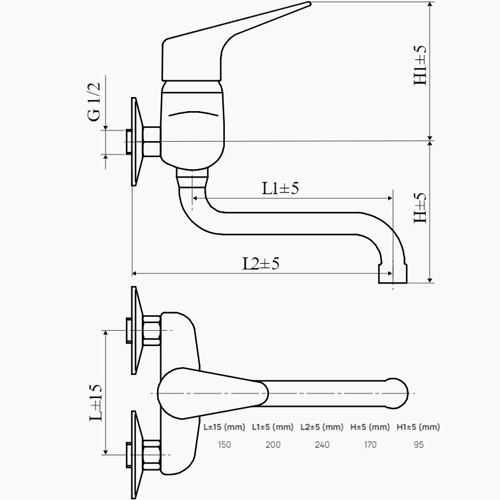 Dřezová baterie TA Tessa 150 mm, chrom, nástěnná, Slovarm 480305, TA.4010.A, rameno 200 mm