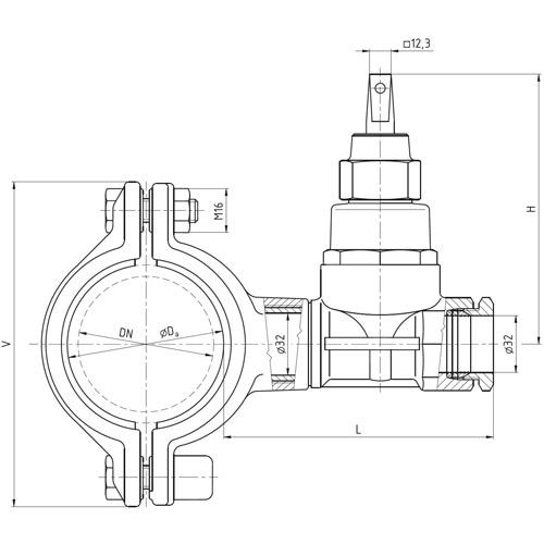 Navrtávací pas HOD-K516, mosazné šoupátko d 32 mm, DN 100, VAG 3-84-00039-511