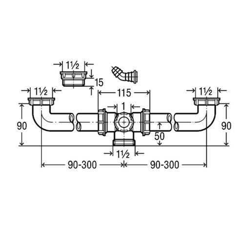 Sifonové spojení 1 1/2", dvoudřez 18 - 60 cm, s centrickým odtokem, Viega 113063