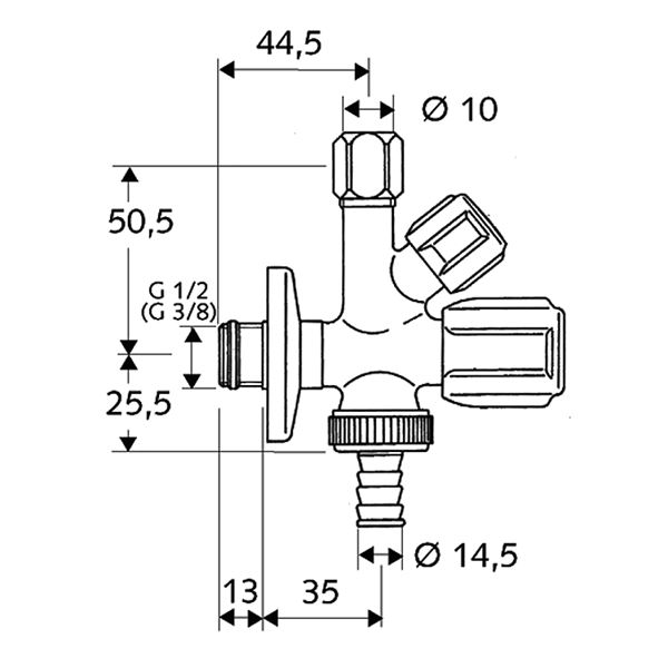 Ventil rohový kombinovaný Comfort 1/2" x 3/4" x 3/8", Schell 035510699
