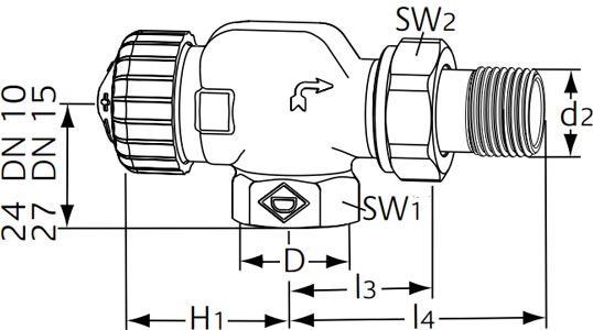 Rozměr axiálního termostatického ventilu