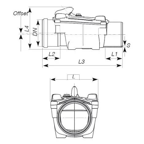 rozměrový nákres zpětné klapky Ottima DN 110 Aliaxis
