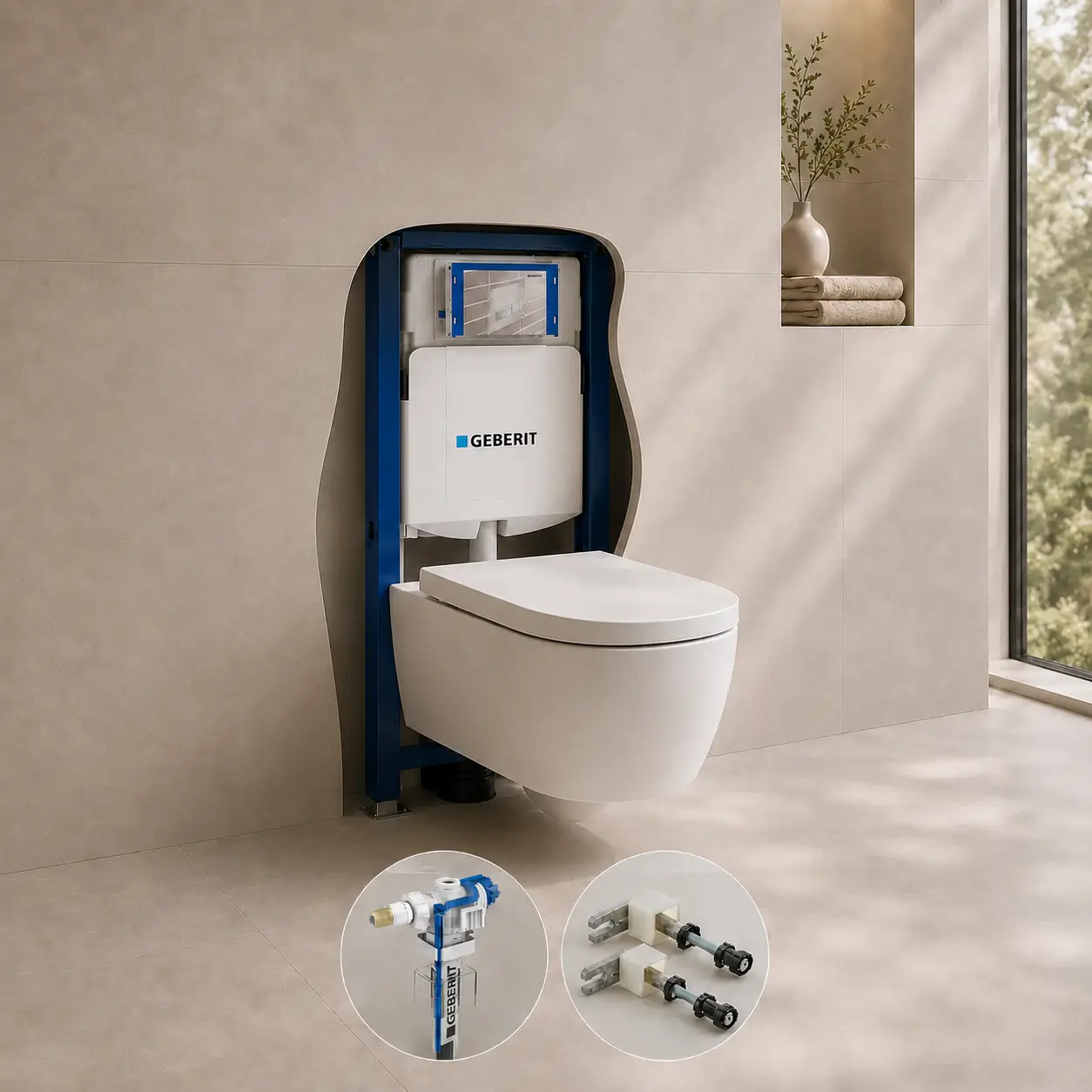 Sanitární technika Geberit, instalační moduly, tlačítka, splachovací WC a příslušenství k WC