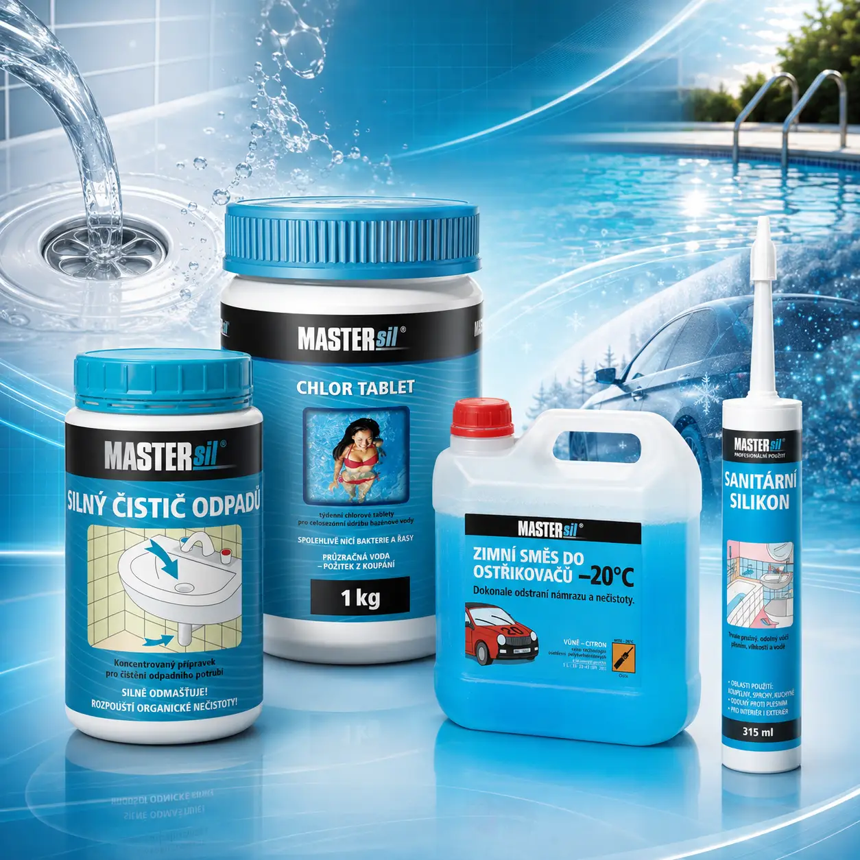 Produkty MASTERsil pro bazénovou chemii, silikony, čističe a autoprodukty